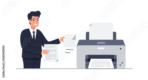 Businessman Printing Documents with Modern Office Printer.