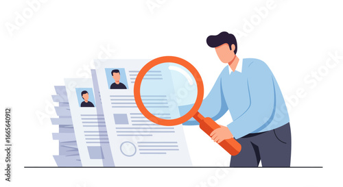 Man Examining Resume with Magnifying Glass.