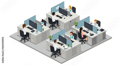 Isometric Office Cubicles with People Working on Computers.