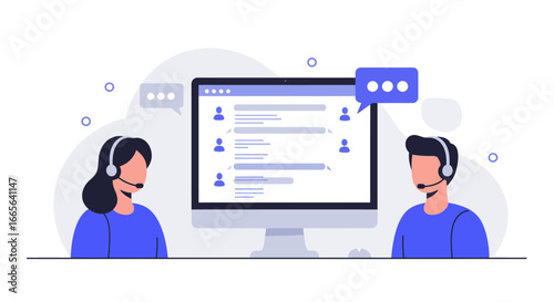 Customer Service Representatives with Computer and Chat Interface.