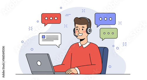Smiling Customer Service Representative with Headset and Laptop.