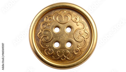 Ornate gold button, isolated, white background