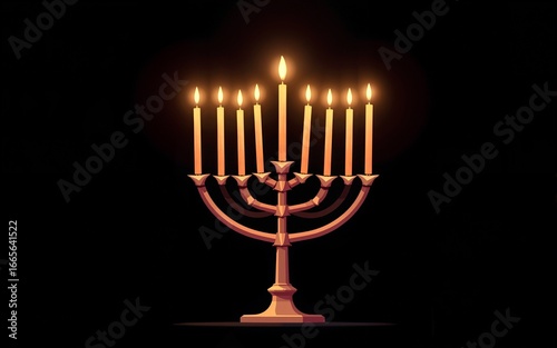 Happy hanukkah. Menorah of chanukah. Hanuka greeting card. Jewish hanukah with shalom. Menora with candles on black background. Design banner of judaism. Hebrew festival or party. Vector