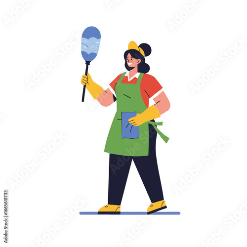 An energetic housekeeper is tidying a room, enthusiastically holding a feather duster, depicted in a clean, minimalist 2D flat vector illustration style, isolated on white.