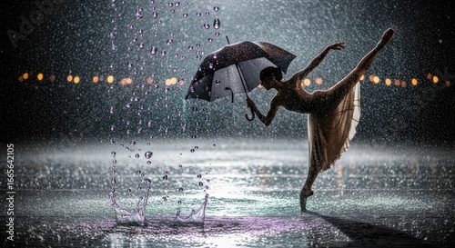 Graceful ballerina dancing in the rain with an umbrella, captivating scene
