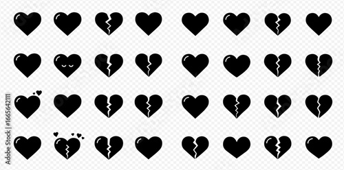 A diverse set of black heart icons, illustrating emotions from complete love to shattered heartbreak and affection, arranged on a grid.