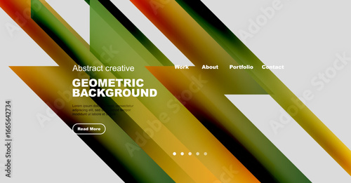 Abstract geometric background features vibrant diagonal stripes. Text elements include work, about, portfolio, contact options. Button invites further exploration.