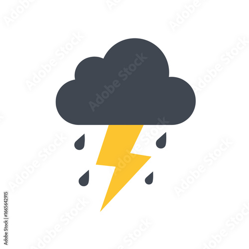 Simple flat vector illustration depicting a dark grey rain cloud with a bright yellow lightning bolt and raindrops, concept for weather forecast, atmospheric conditions and storm warnings