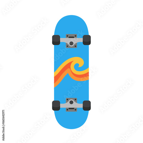 Blue skateboard with orange wave pattern on a white background illustration. Concept for recreational activity, urban transportation and sport equipment design