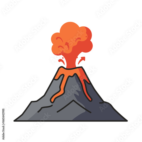 Cartoon illustration of a gray volcano with lava and orange cloud erupting from the crater, concept for education, geological exploration and science project