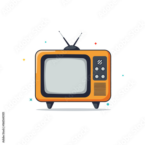 Retro orange television with antenna, depicted in a simplified, cartoon style illustration. Concept for media consumption, nostalgic design and vintage technology, broadcasting