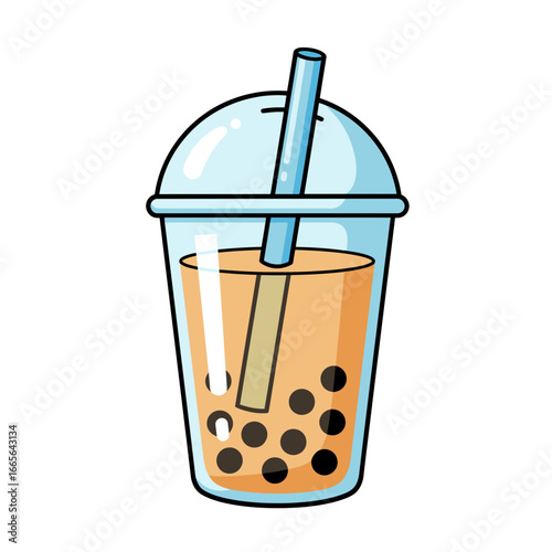 Cartoon illustration of a bubble tea drink with tapioca pearls inside a clear plastic cup and straw. Concept for menu design, beverage advertisement and kids illustration