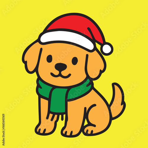 A vector drawing depicting a lovely dog dressed with Christmas outfit, presented in fun cartoon form, colorful lively style with decorative details.