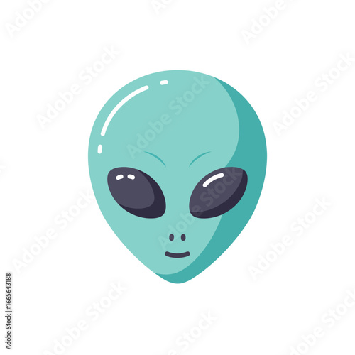 Stylized cartoon alien face with large black eyes and a small, simple mouth on white backdrop. Concept for Halloween decoration, children's illustration and science fiction theme design