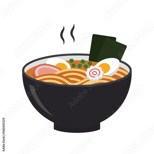 A steaming bowl of savory ramen with noodles, egg, and nori seaweed. Concept for restaurant menu design, culinary illustrations and asian food blog imagery