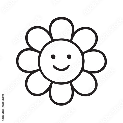 Vector cartoon design showing a flower, minimal monochrome appearance, executed in black and white style with heavy solid black outline.