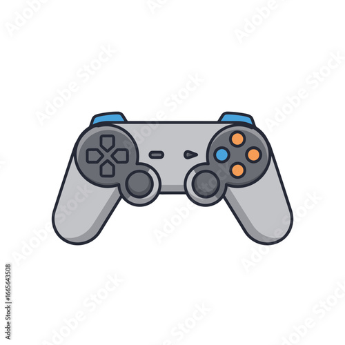 Gray gamepad with blue accents featuring circular and directional buttons on a white background, concept for gaming illustration, entertainment design and interactive application