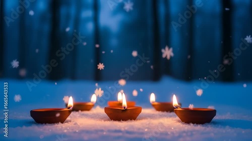 Diwali lanterns glow in snow, winter magic, faith. Symbolizing peace, celebration, spiritual light. Ideal for holiday, religious, winter solstice, Diwali festival projects.