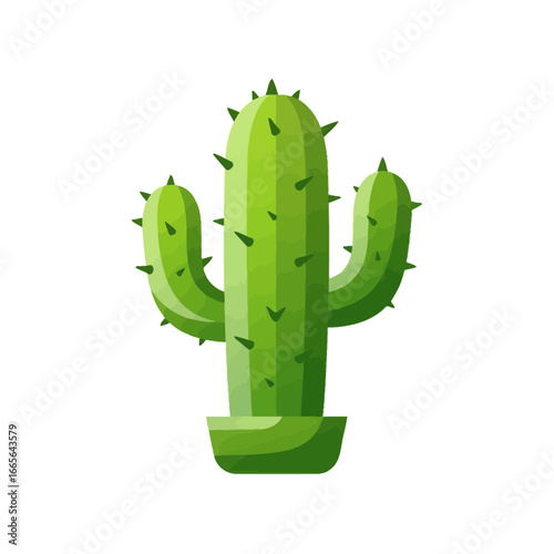 Green cartoon cactus with dark thorns growing in pot on white isolated background, concept for desert illustration, decoration icon and botanical design