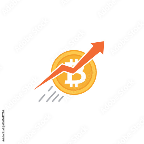 Golden bitcoin coin with an upward trending arrow and motion lines suggesting speed and growth. Concept for financial investment, digital currency growth and market trends analysis