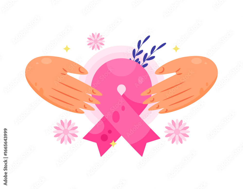 Obraz premium A concept for Breast Cancer Awareness. Support and sympathy for cancer patients. Illustration of two hands with a pink ribbon and floral decoration. World Cancer Day. Flat style design.
