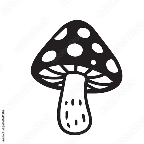 Vector doodle of a mushroom, drawn in playful sketch style, entirely black and white, emphasized with bold strong black outline strokes.