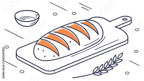Fresh baked bread loaf on wooden cutting board with olive oil bowl illustration for bakery concept design