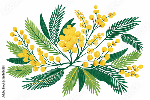 Yellow Mimosa Flower Branch Isolated on White Background – Acacia Dealbata Blossom Illustration