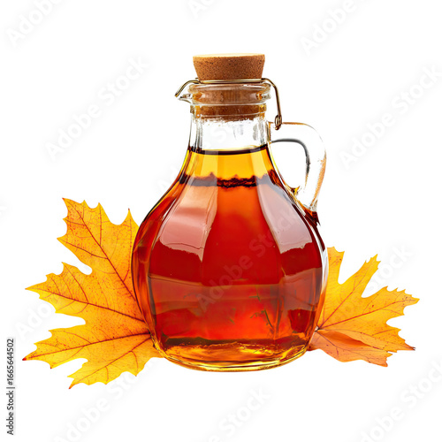 Maple syrup with maple leaves isolated on transparent background