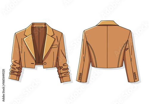 Fashion Design Illustration, Stylish Cropped Jacket, Studio, Graphic Art, Minimalist, Front and Back View, Trendy Concept