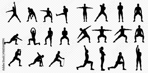 A collection of black silhouettes depicting people performing various exercise and stretching poses.