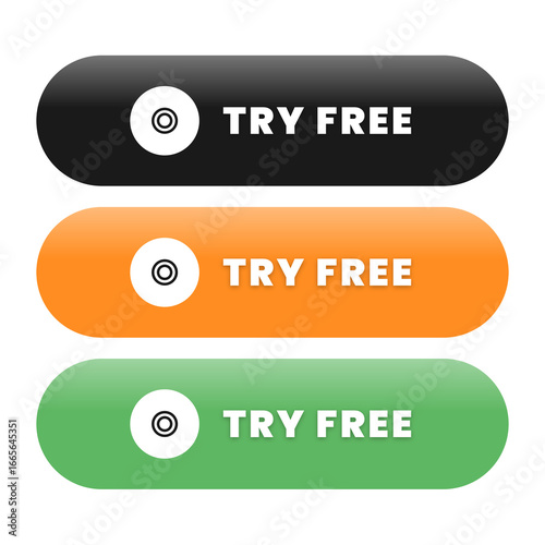Three colorful 'Try Free' buttons, perfect for websites and apps, encouraging user engagement and calls to action, easy to integrate
