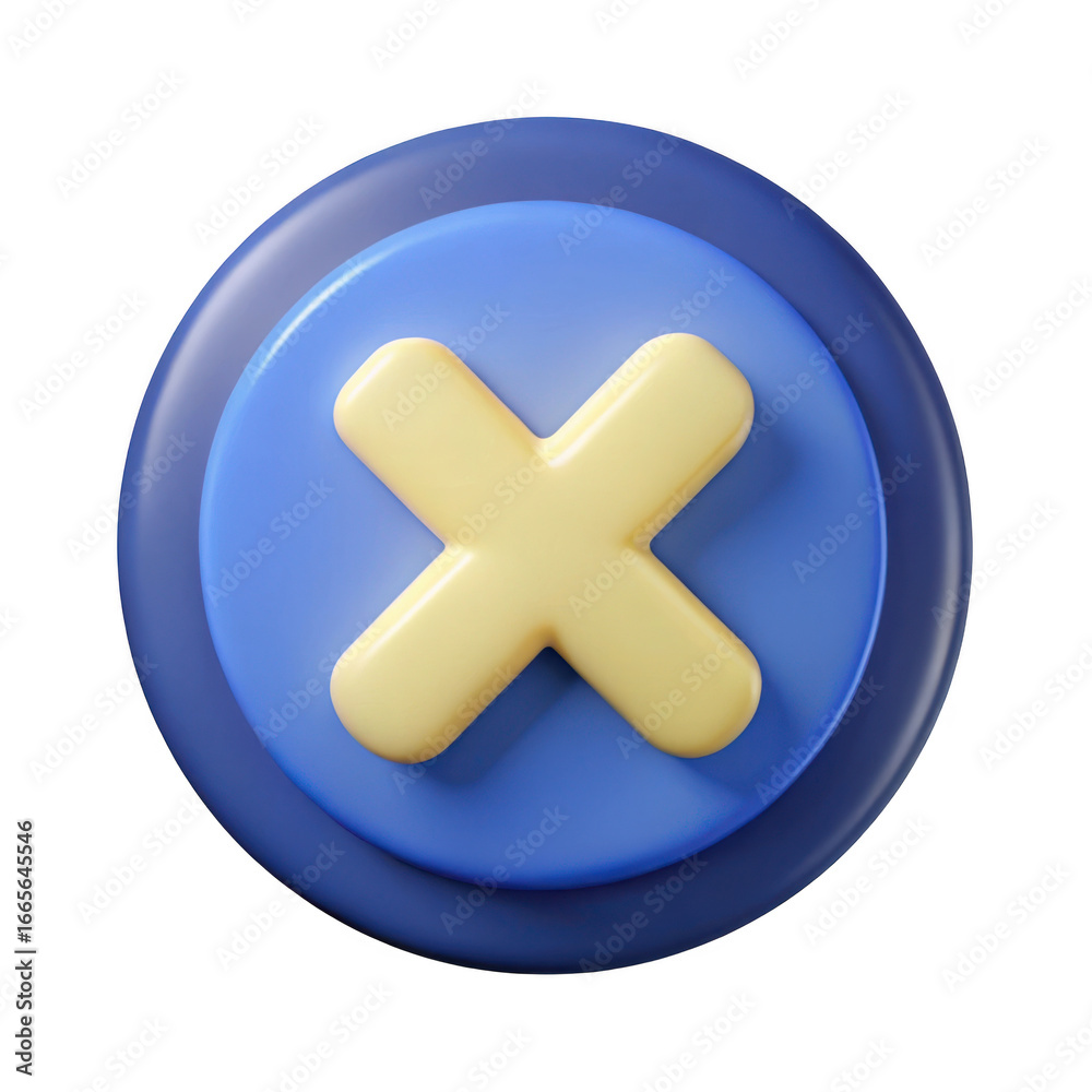 Fototapeta premium Glossy yellow x icon centered on blue circular button isolated on black transparent background