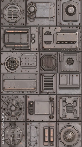 Futuristic metal panels in a grid pattern.  Detailed textures