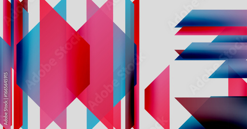 Abstract geometric shapes form word love. Vivid reds, blues, pinks create dynamic visual impact. Modern design, bold colors.