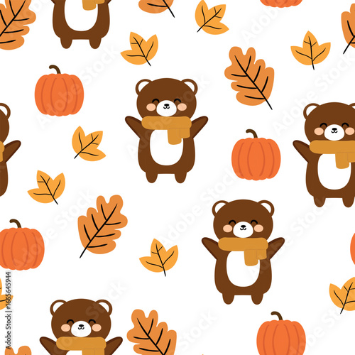 Wallpaper Mural Seamless pattern cartoon bear and pumpkin with autumn vibes. cute autumn fall wallpaper for fabric print, gift wrapper Torontodigital.ca