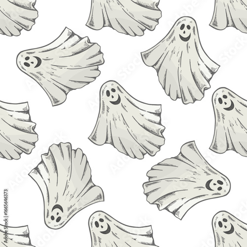 Hand drawn vintage seamless pattern of spooky halloween ghost in gray sketch style isolated vector illustration
