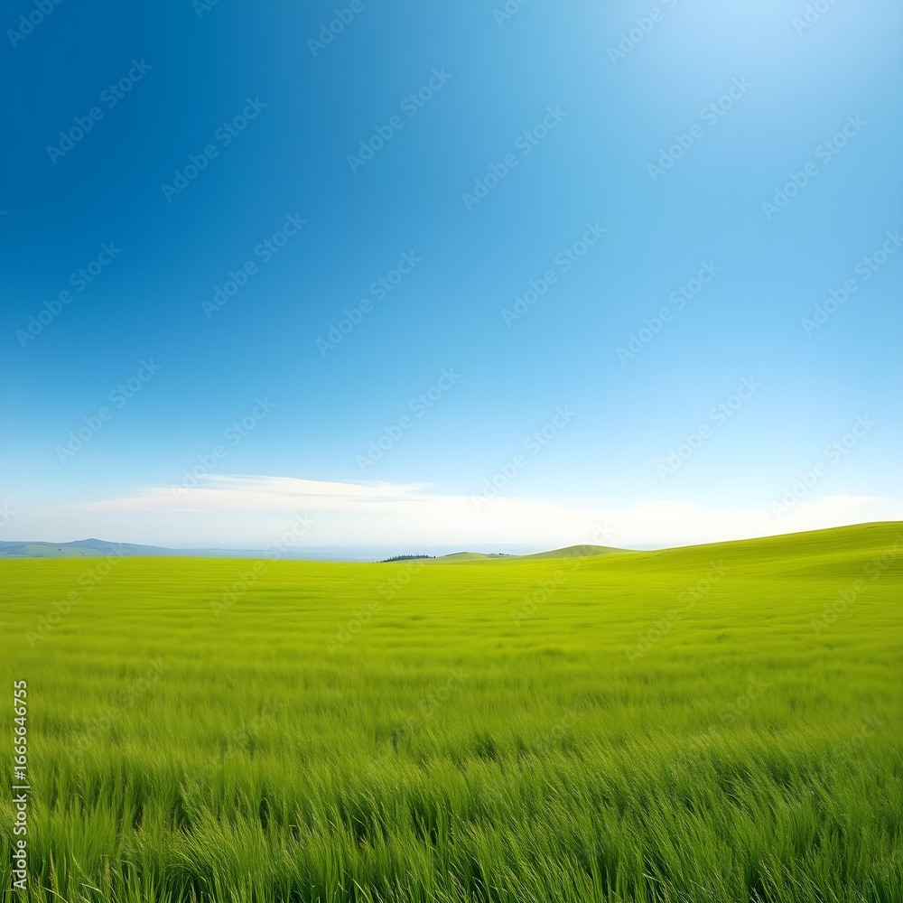 Fototapeta premium blissful green meadow stretching under a cloudless vibrant blue sky