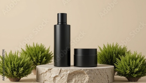 Minimalist black bottles on wood with greenery