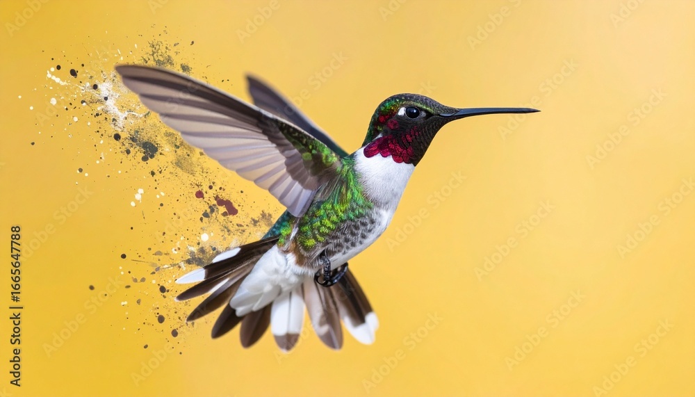 Fototapeta premium Hummingbird mid-flight with iridescent green feathers and red throat, disintegrating into particles on left side against solid yellow background—symbolizing fragility, motion, and transformation.