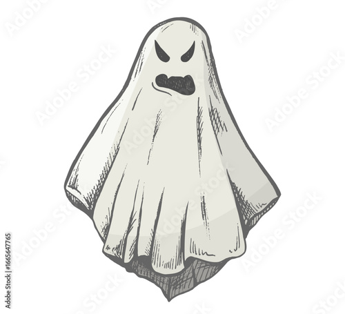 Hand drawn vintage sketch of spooky halloween ghost with angry face and scary expression, isolated vector illustration