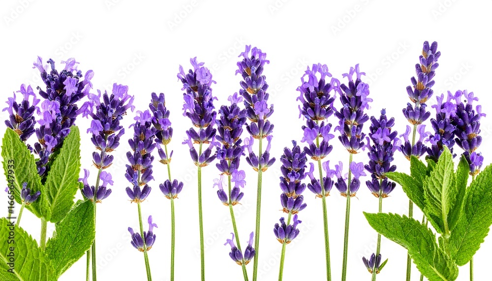 Naklejka premium A horizontal arrangement of vibrant purple lavender blossoms and fresh green mint leaves against a plain white background.