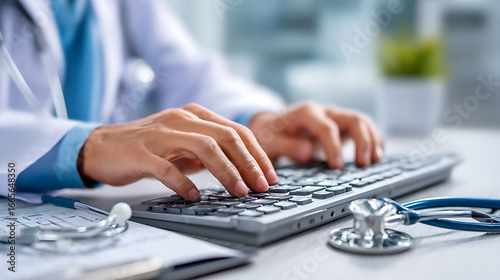Doctor typing on keyboard with stethoscope and medical chart