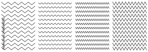 Wavy and zigzag lines pattern with ripples and squiggly strokes. Dynamic serrated curves. Flat vector illustration isolated on white background. Black underlines wavy curve zig zag line pattern.Eps 10