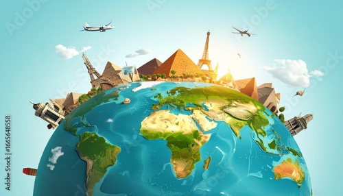 Stylized globe surrounded by iconic landmarks, airplanes, and hot air balloons—symbolizing global travel, cultural diversity, and international unity in a vibrant, imaginative composition.
