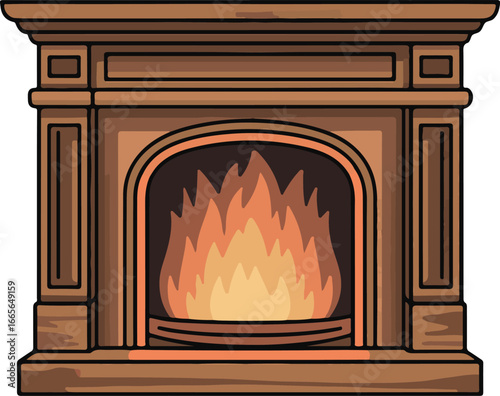 Classic Fireplace with Wooden Mantel Vector Drawing Glowing Flames Cozy Home Illustration