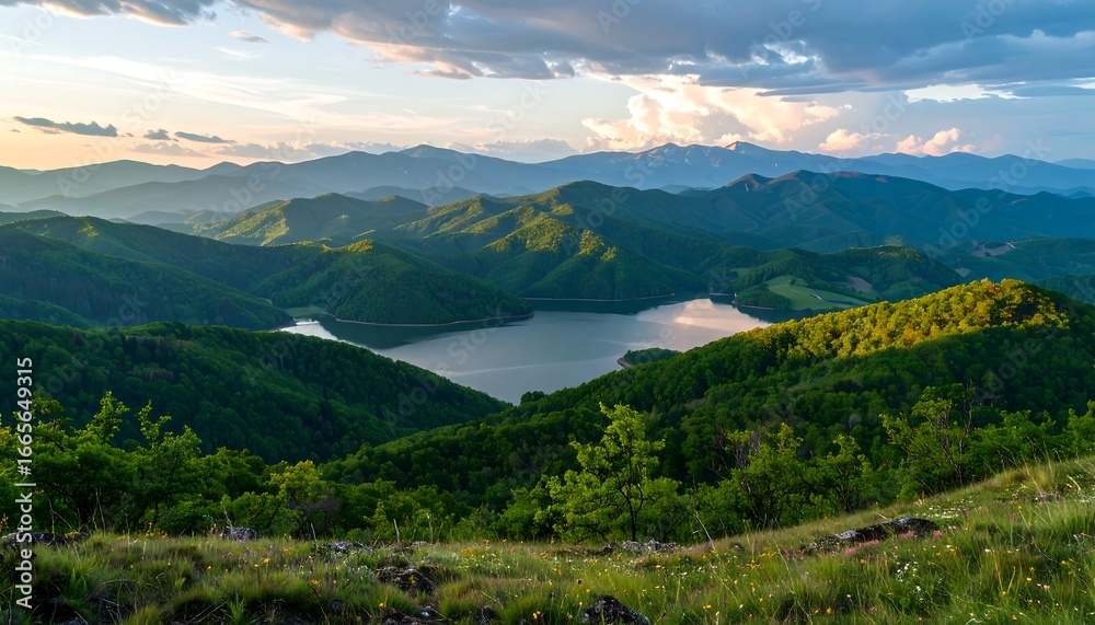 Fototapeta premium Panoramic view of a serene lake nestled within a valley of verdant mountains at sunset.