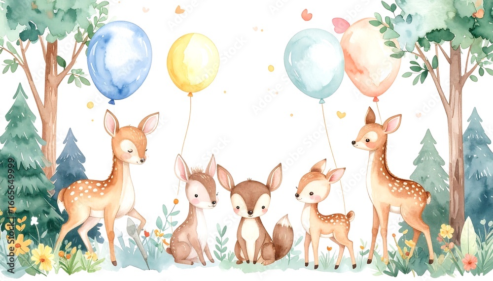 Naklejka premium Cute deer family in a forest scene with balloons