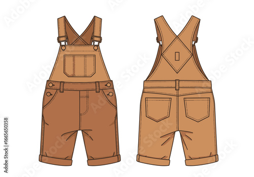 Brown Overalls: Front and Back Views: A detailed illustration showcases brown overalls, offering front and back perspectives, perfect for design and fashion concepts. 