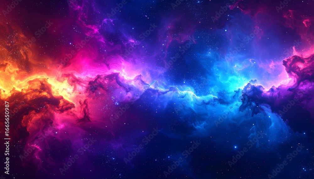 Fototapeta premium A vibrant display of cosmic nebulae, showcasing swirling hues of vibrant purple, pink, and blue, against a backdrop of twinkling stars.